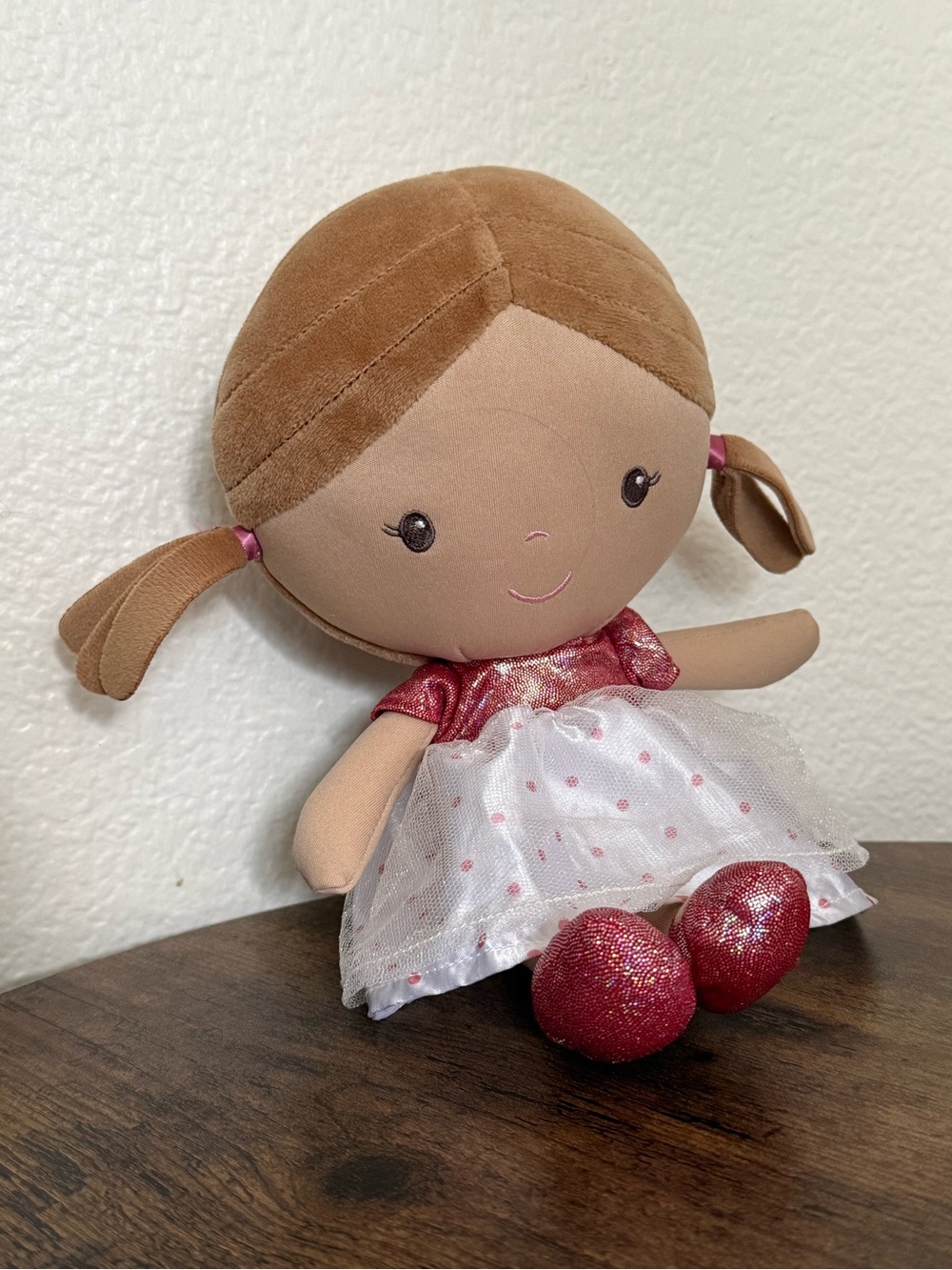 Carters Cloth Soft Baby Doll Plush Brown Hair Embroidered Face Dress 2023
